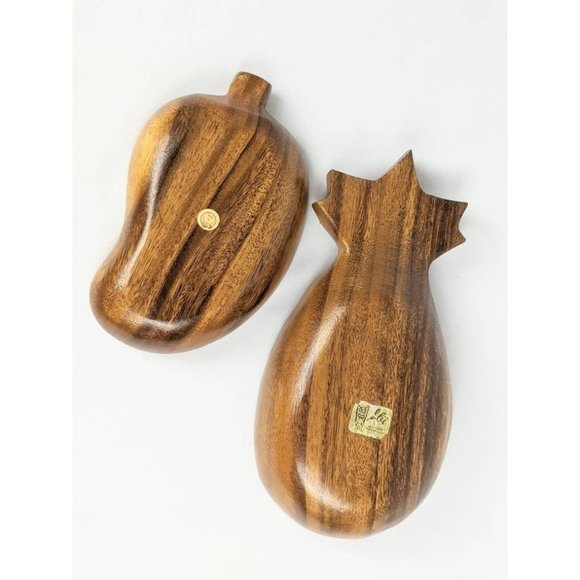 Set of 2 Vtg Handcarved Wood Bowls | MCM Wood Trinket Dish Pineapple Tidbit Tray - Picture 4 of 10